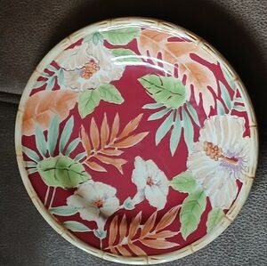 Home Trends Floral Decorative Plate Hibiscus And Bamboo Burgundy and Green